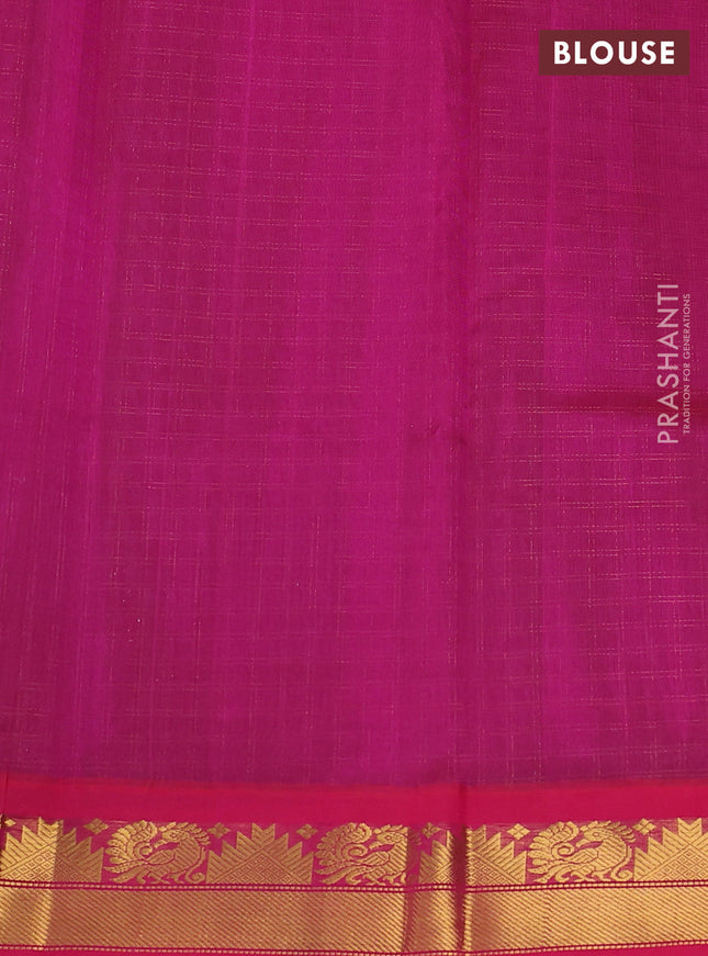 Silk cotton saree peacock blue and pink with allover zari checked pattern and zari woven korvai border