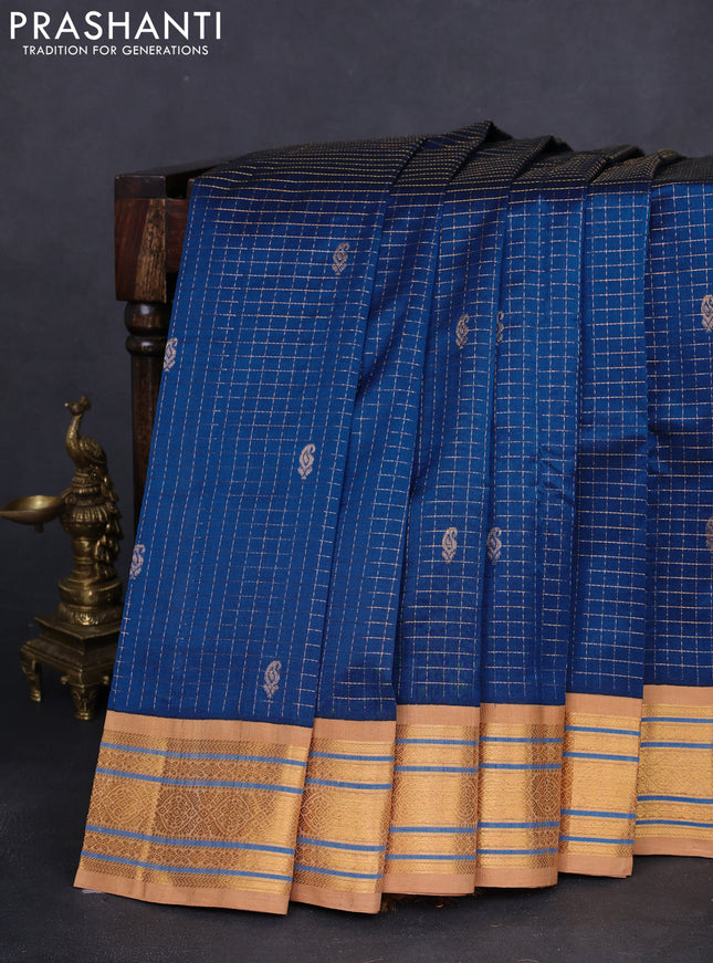 Silk cotton saree cs blue and sandal with allover zari checks & buttas and zari woven korvai border