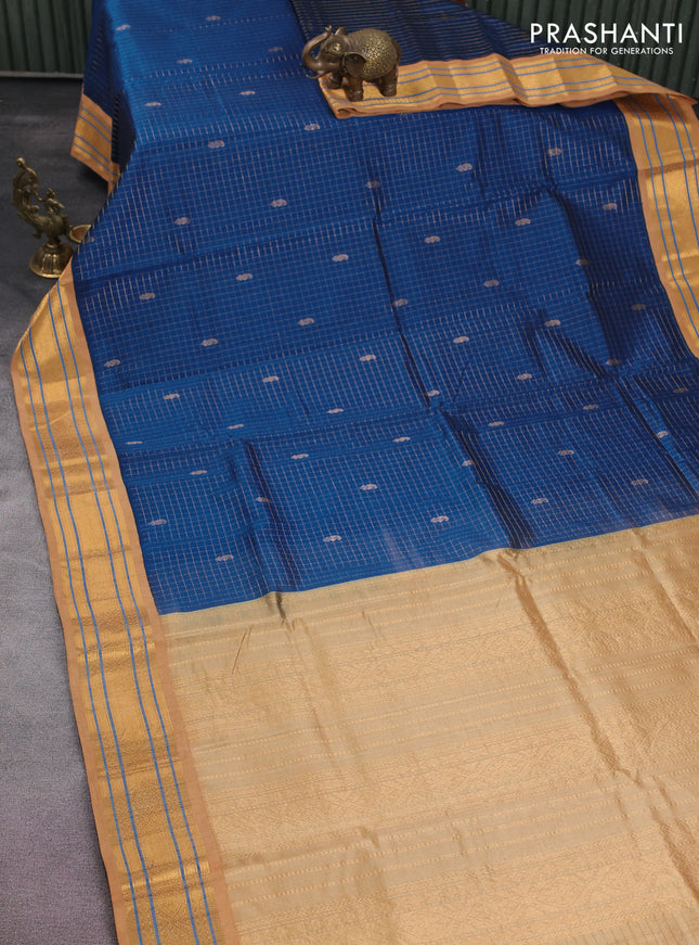 Silk cotton saree cs blue and sandal with allover zari checks & buttas and zari woven korvai border