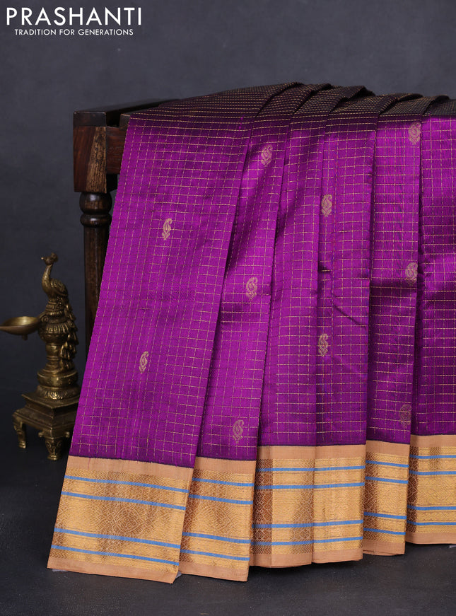 Silk cotton saree purple and sandal with allover zari checks & buttas and zari woven korvai border
