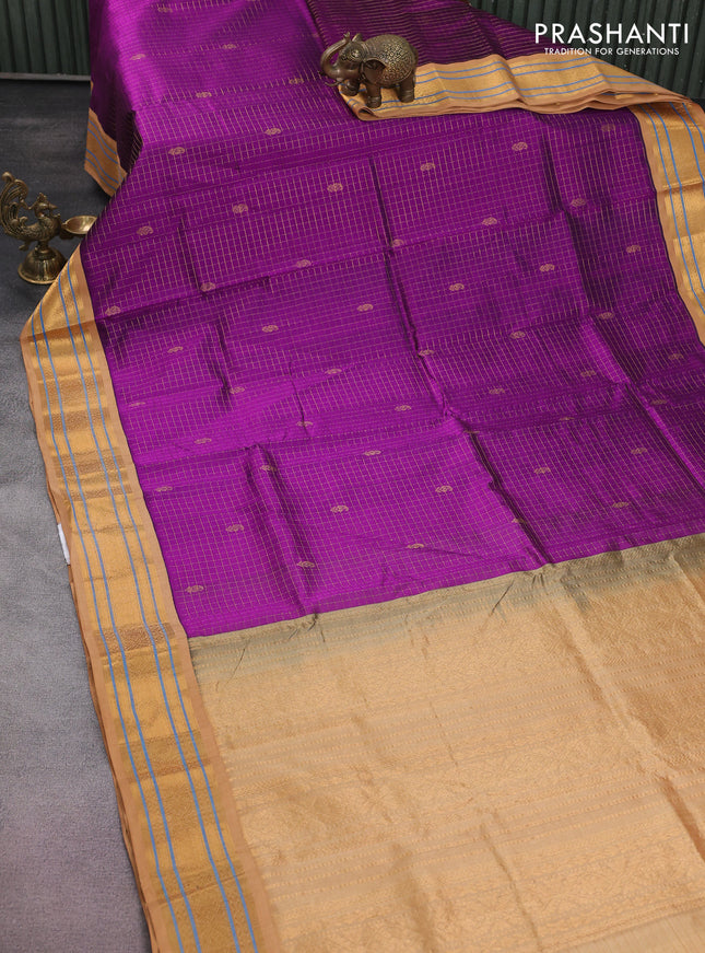 Silk cotton saree purple and sandal with allover zari checks & buttas and zari woven korvai border