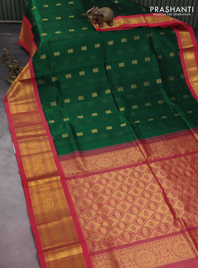 Silk cotton saree green and red shade with zari woven buttas and zari woven korvai border