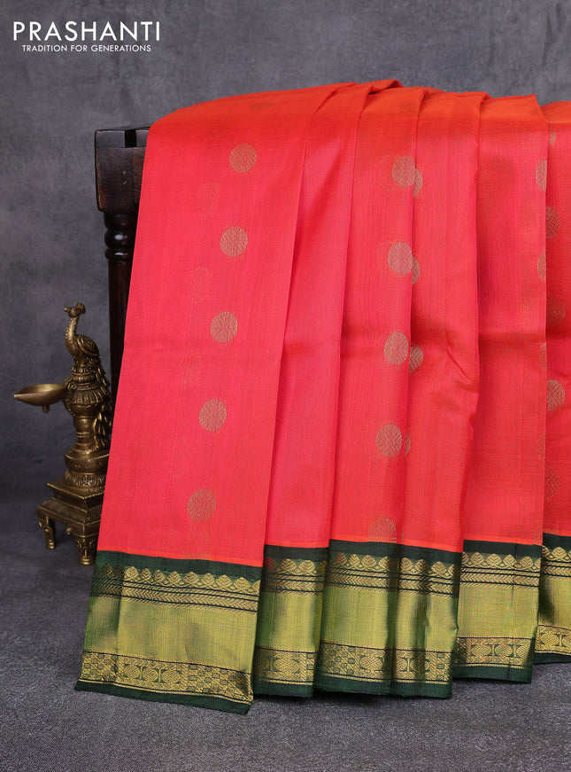 Kuppadam silk cotton saree reddish pink and green with rudhraksha zari woven buttas and zari woven border