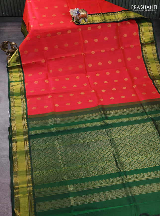Kuppadam silk cotton saree reddish pink and green with rudhraksha zari woven buttas and zari woven border