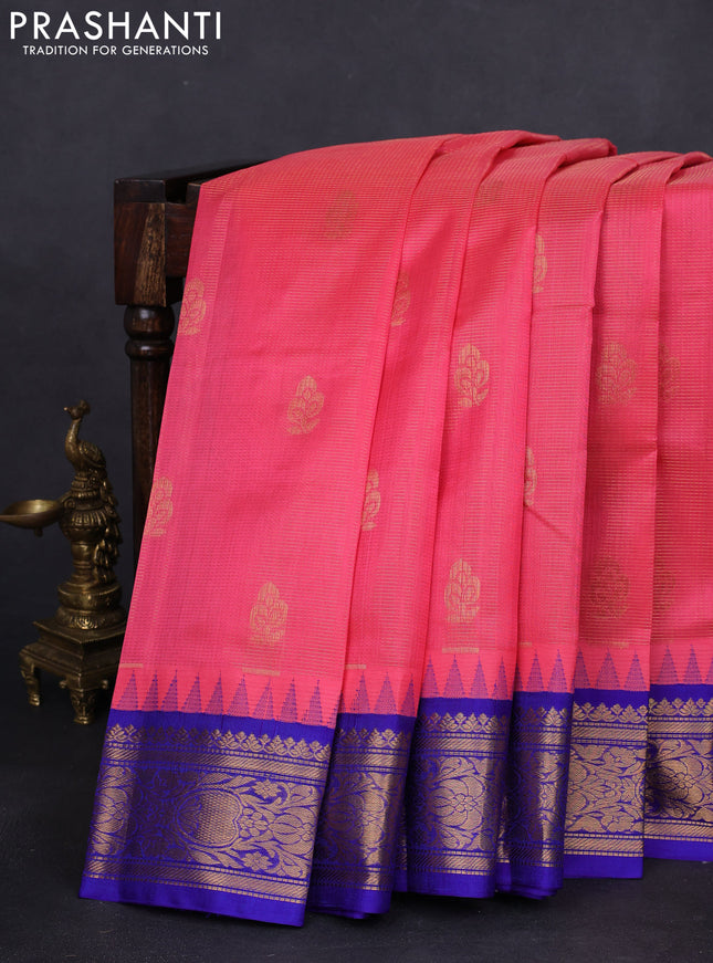 Kuppadam silk cotton saree peach pink and blue with allover vairaosi pattern & zari buttas and temple design zari woven border