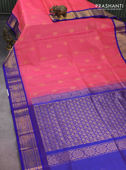 Kuppadam silk cotton saree peach pink and blue with allover vairaosi pattern & zari buttas and temple design zari woven border