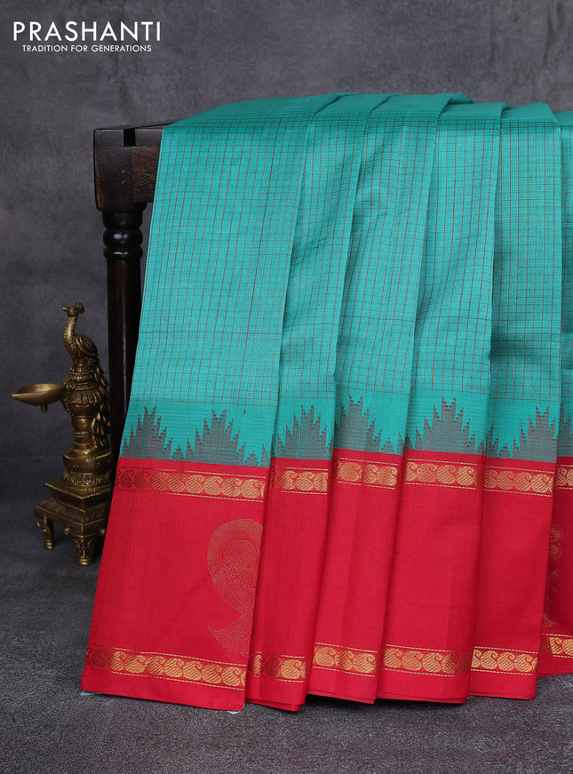 Kuppadam silk cotton saree teal green and red with allover thread woven checked pattern and rettapet zari woven annam butta border