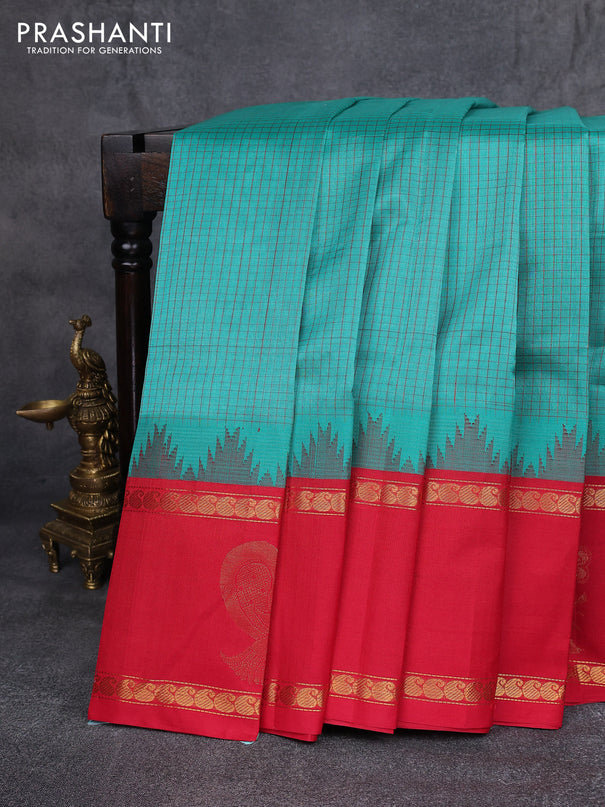 Kuppadam silk cotton saree teal green and red with allover thread woven checked pattern and rettapet zari woven annam butta border