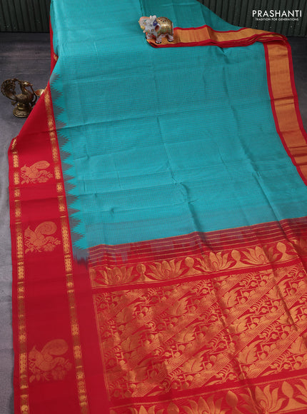 Kuppadam silk cotton saree teal green and red with allover thread woven checked pattern and rettapet zari woven annam butta border