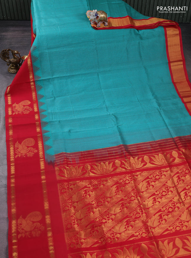 Kuppadam silk cotton saree teal green and red with allover thread woven checked pattern and rettapet zari woven annam butta border