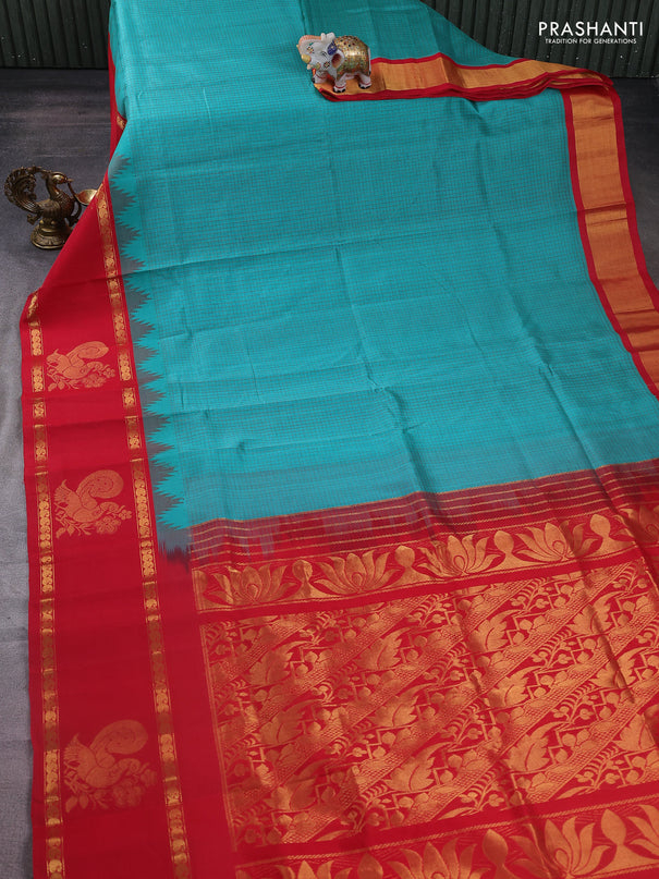 Kuppadam silk cotton saree teal green and red with allover thread woven checked pattern and rettapet zari woven annam butta border