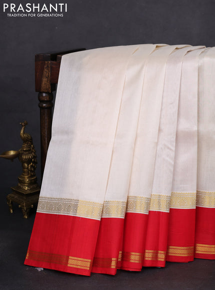 Kuppadam silk cotton saree off white and red with plain body and rettapet zari woven border