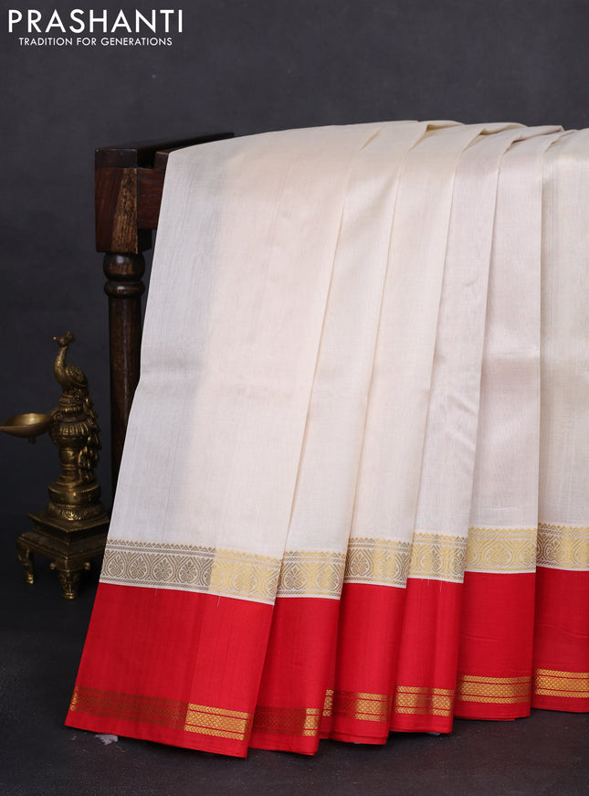 Kuppadam silk cotton saree off white and red with plain body and rettapet zari woven border