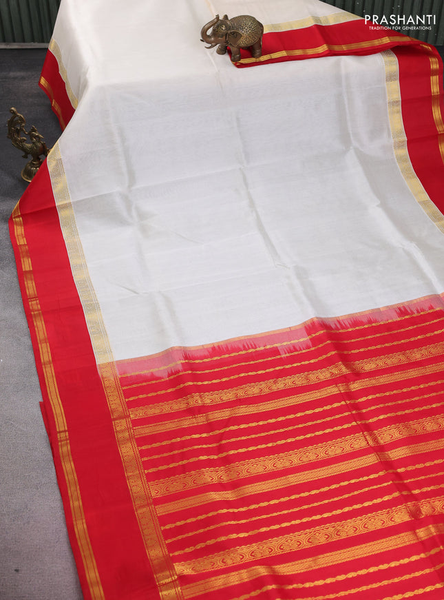 Kuppadam silk cotton saree off white and red with plain body and rettapet zari woven border