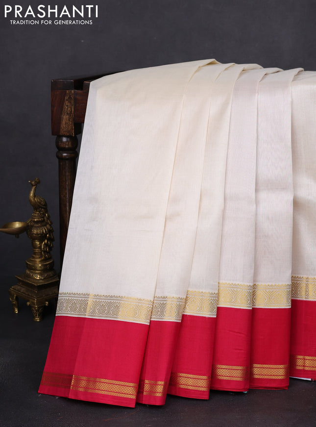 Kuppadam silk cotton saree off white and pink with plain body and rettapet zari woven border