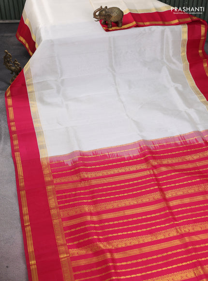 Kuppadam silk cotton saree off white and pink with plain body and rettapet zari woven border