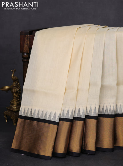 Kuppadam silk cotton saree cream and black with plain body and temple design zari woven border