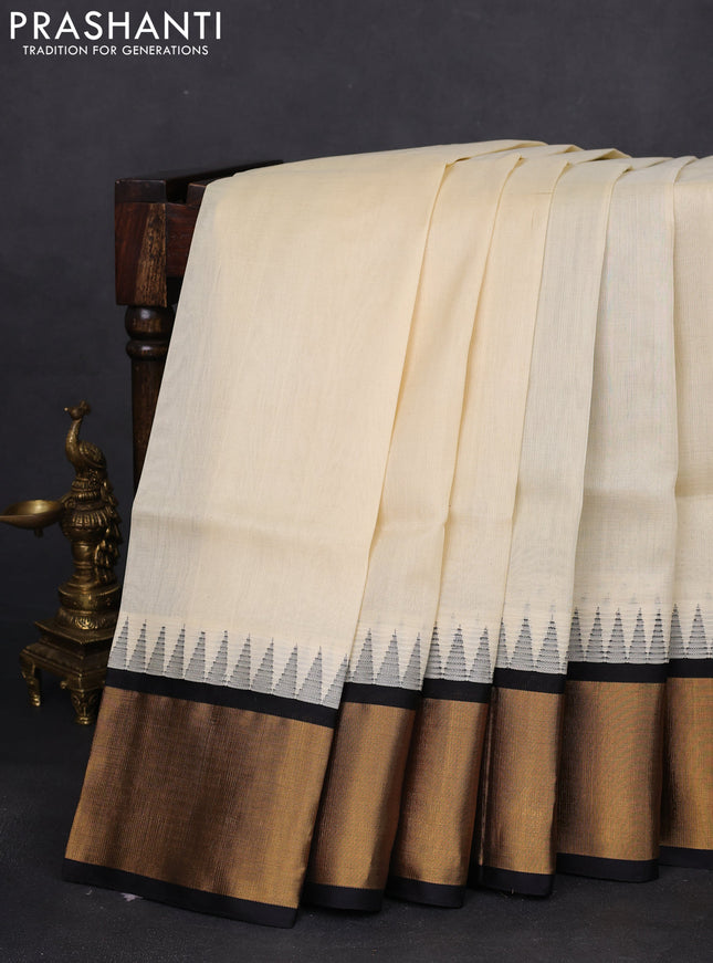 Kuppadam silk cotton saree cream and black with plain body and temple design zari woven border