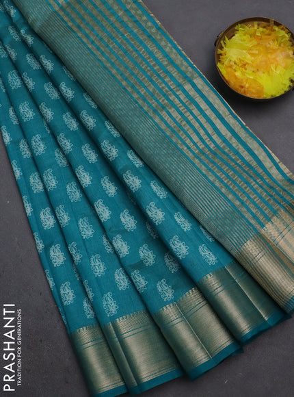 Semi raw silk saree teal blue with allover paisley butta prints and zari woven border