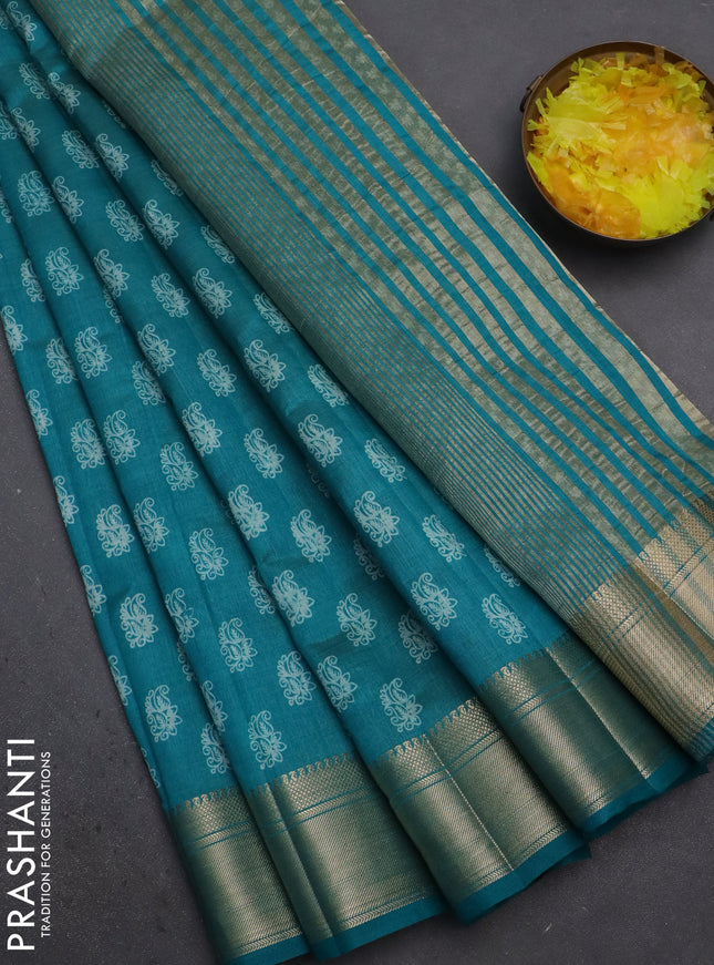 Semi raw silk saree teal blue with allover paisley butta prints and zari woven border