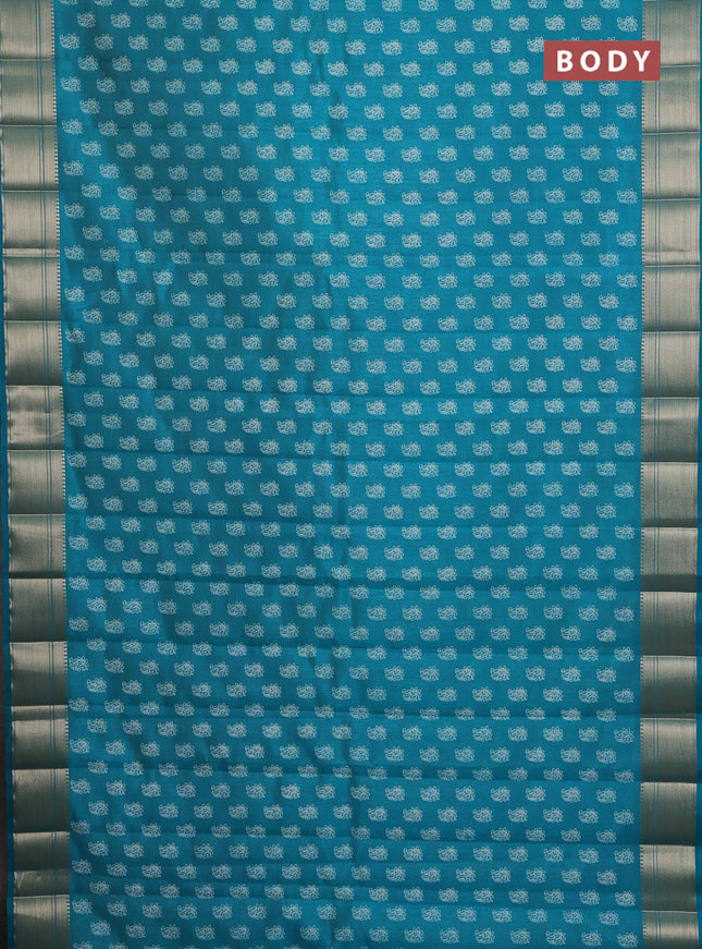 Semi raw silk saree teal blue with allover paisley butta prints and zari woven border