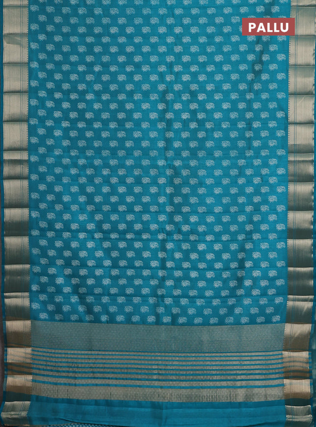 Semi raw silk saree teal blue with allover paisley butta prints and zari woven border