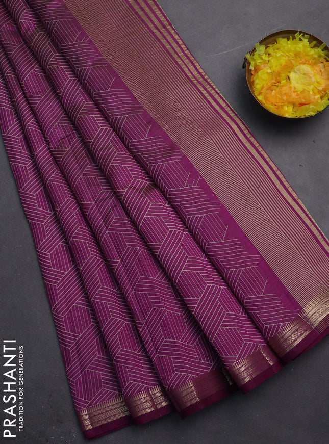 Semi raw silk saree dark purple with allover geometric prints and zari woven border