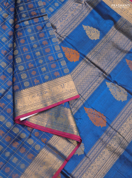 Kanchipuram silk cotton saree peacock blue and maroon with allover thread woven checks & buttas and annam zari woven border