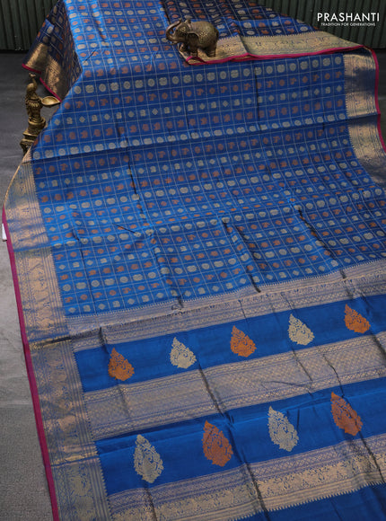 Kanchipuram silk cotton saree peacock blue and maroon with allover thread woven checks & buttas and annam zari woven border