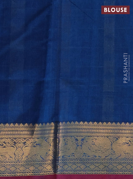 Kanchipuram silk cotton saree peacock blue and maroon with allover thread woven checks & buttas and annam zari woven border