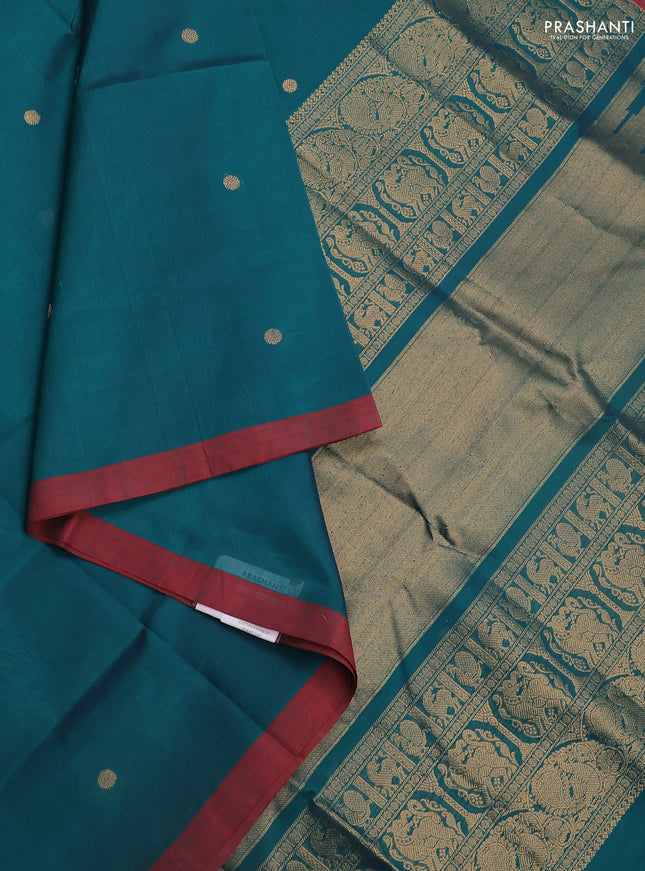 Kanchipuram silk cotton saree peacock green and maroon with zari woven buttas and simple border