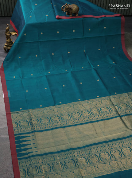 Kanchipuram silk cotton saree peacock green and maroon with zari woven buttas and simple border