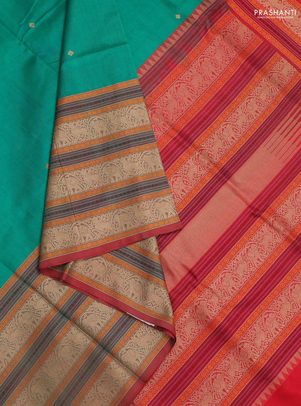 Kanchipuram silk cotton saree green and red with zari woven buttas and long thread woven border