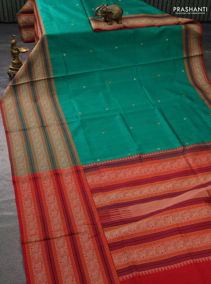 Kanchipuram silk cotton saree green and red with zari woven buttas and long thread woven border