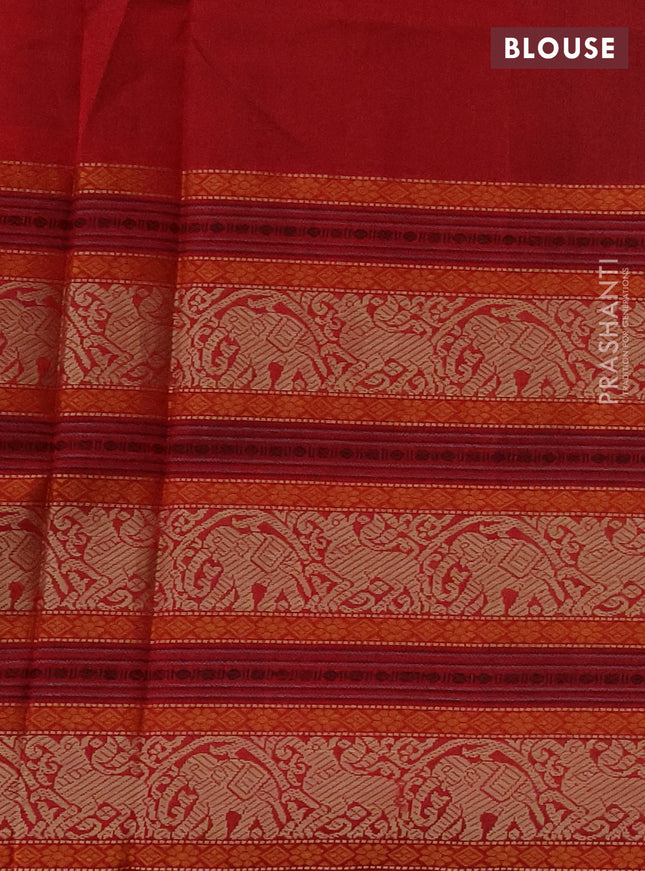 Kanchipuram silk cotton saree green and red with zari woven buttas and long thread woven border