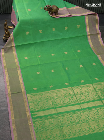 Kanchipuram silk cotton saree light green and pastel pink with zari woven buttas and rettapet zari woven border