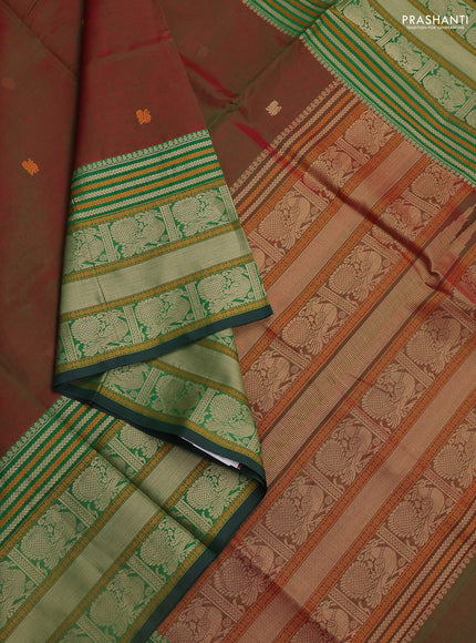 Kanchipuram silk cotton saree manthulir green and green with thread woven buttas and long thread woven border