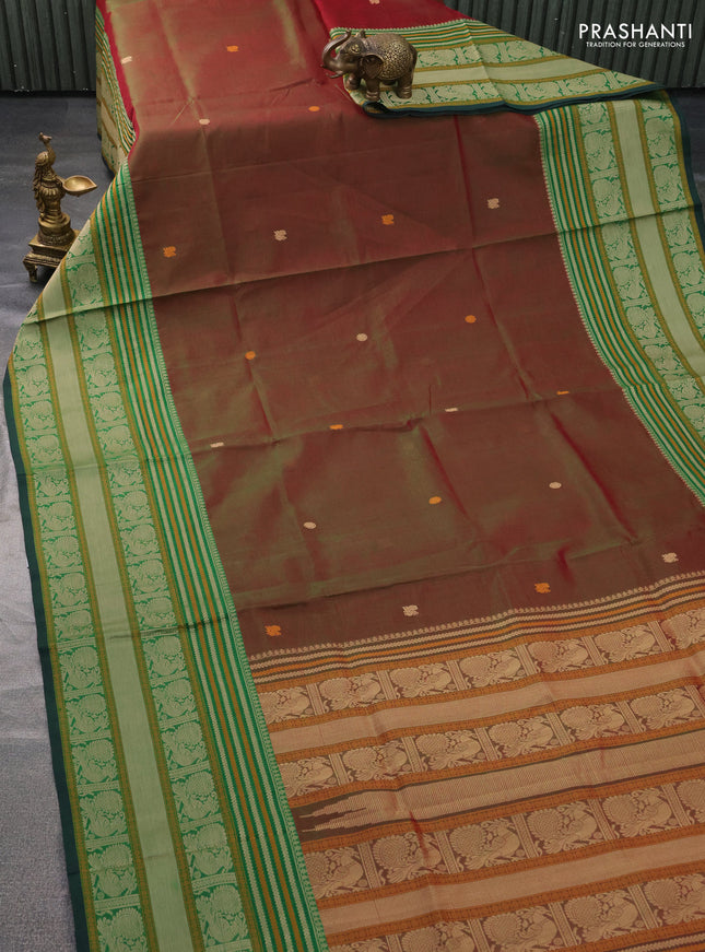 Kanchipuram silk cotton saree manthulir green and green with thread woven buttas and long thread woven border