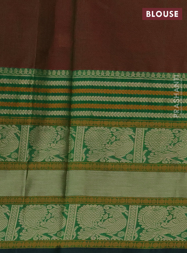 Kanchipuram silk cotton saree manthulir green and green with thread woven buttas and long thread woven border