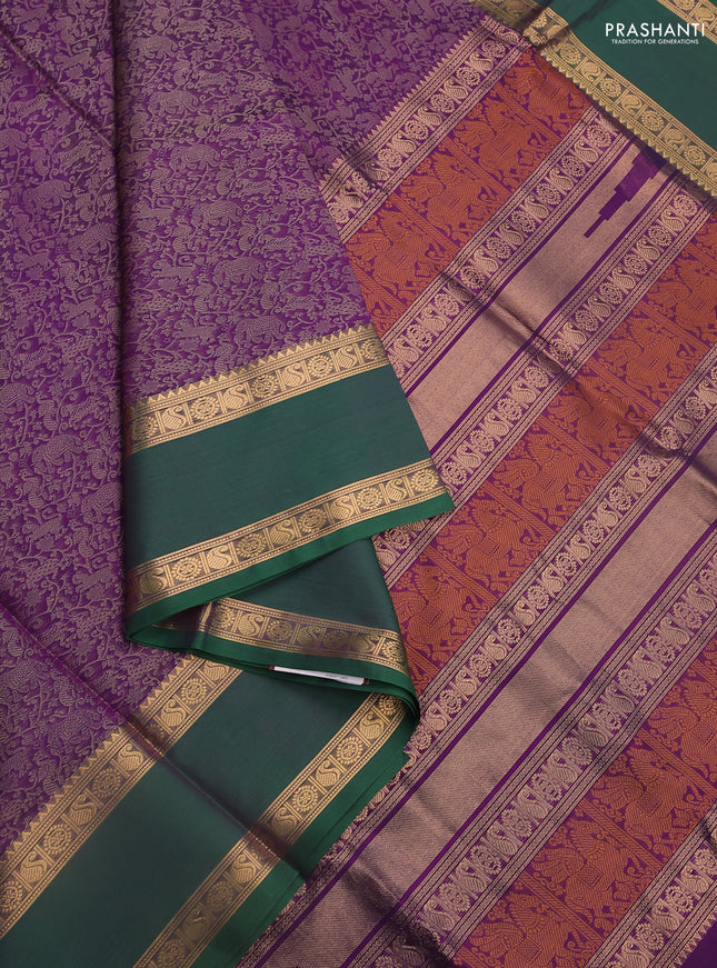 Kanchipuram silk cotton saree violet and green with allover thtread woven vanasingaram weaves and rettapet zari woven border
