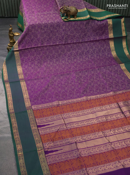 Kanchipuram silk cotton saree violet and green with allover thtread woven vanasingaram weaves and rettapet zari woven border
