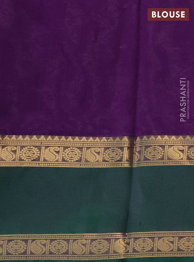 Kanchipuram silk cotton saree violet and green with allover thtread woven vanasingaram weaves and rettapet zari woven border