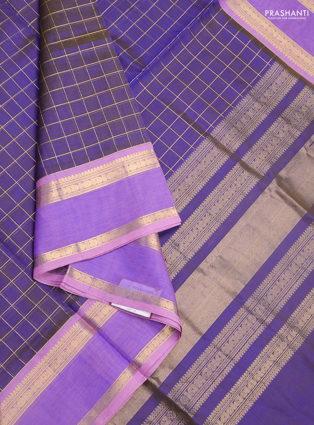 Kanchipuram silk cotton saree dual shade of blue and light pink with allover zari checked pattern and rettapet zari woven border