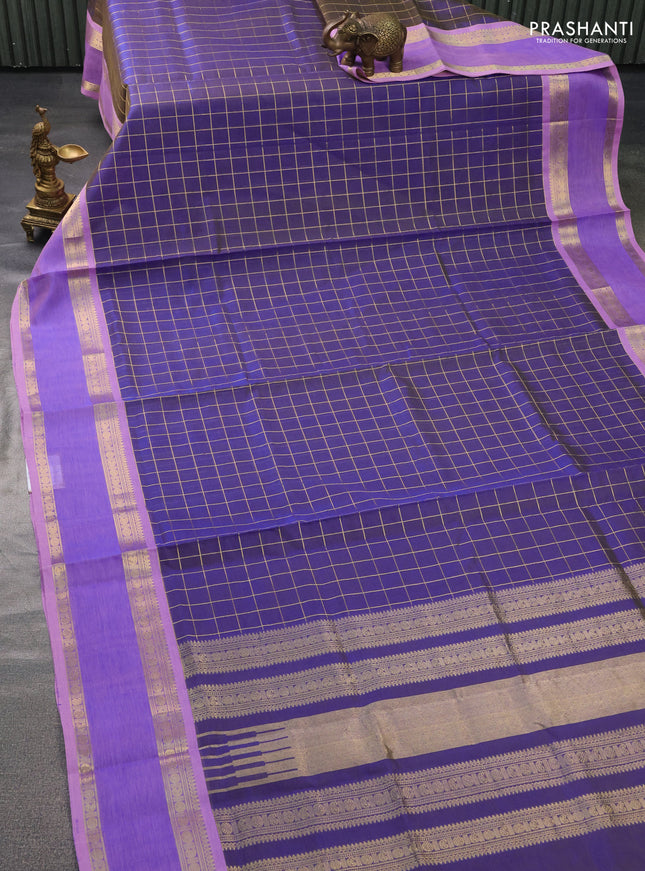 Kanchipuram silk cotton saree dual shade of blue and light pink with allover zari checked pattern and rettapet zari woven border