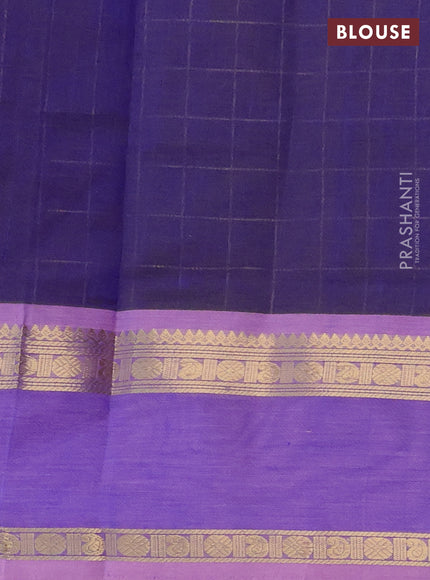 Kanchipuram silk cotton saree dual shade of blue and light pink with allover zari checked pattern and rettapet zari woven border