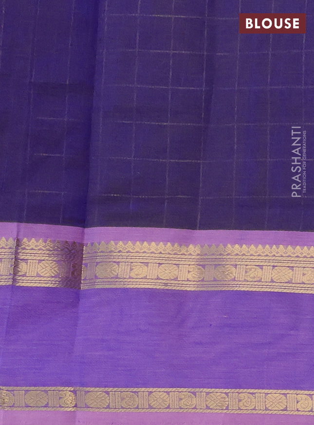 Kanchipuram silk cotton saree dual shade of blue and light pink with allover zari checked pattern and rettapet zari woven border