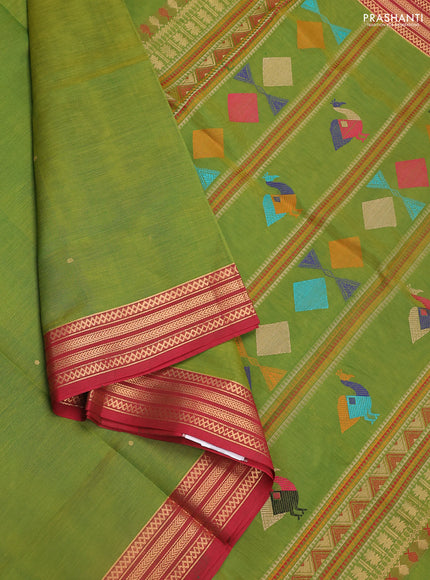 Kanchipuram silk cotton saree green and maroon with zari woven buttas and zari woven border