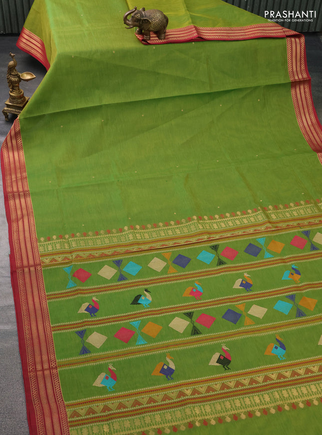 Kanchipuram silk cotton saree green and maroon with zari woven buttas and zari woven border