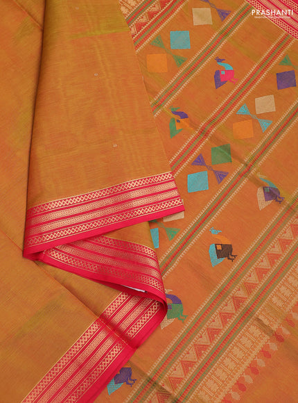 Kanchipuram silk cotton saree dual shade of green and red with zari woven buttas and zari woven border