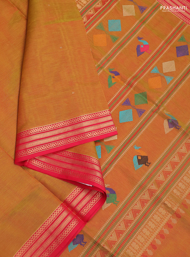 Kanchipuram silk cotton saree dual shade of green and red with zari woven buttas and zari woven border